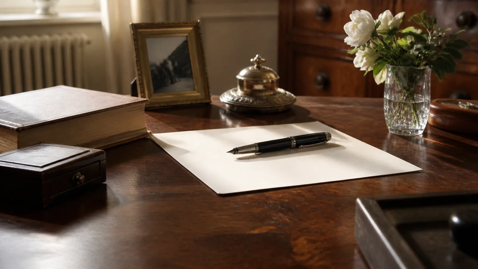 Femme assise signant un testament sur bureau en bois