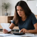 Femme assise à une table avec factures et calculatrice