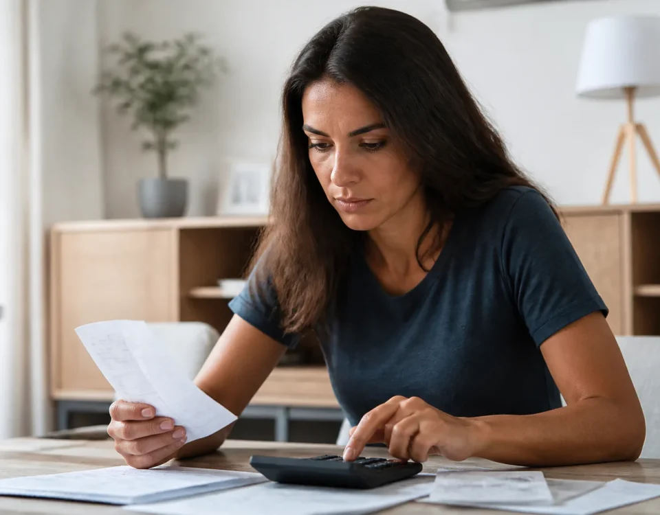 Femme assise à une table avec factures et calculatrice