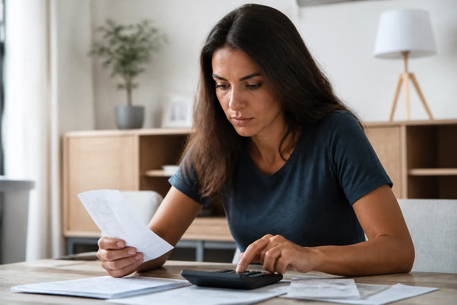 Femme assise à une table avec factures et calculatrice