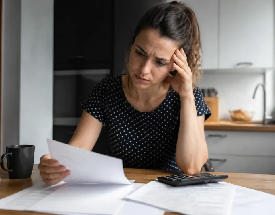 Femme assise a une table avec factures et calculatrice