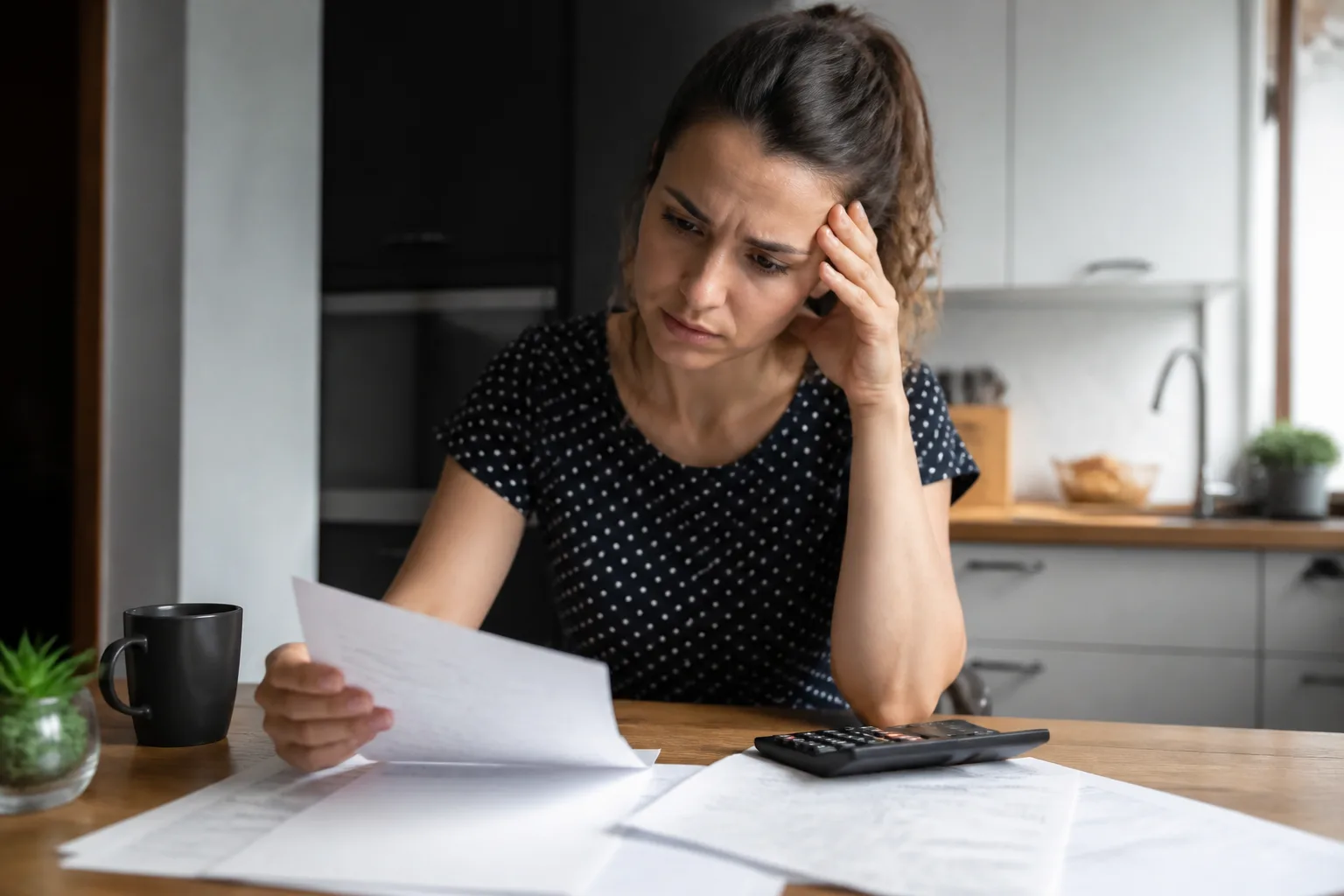 Femme assise a une table avec factures et calculatrice