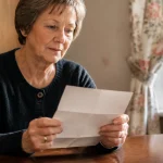 Femme assise devant une table lisant une lettre