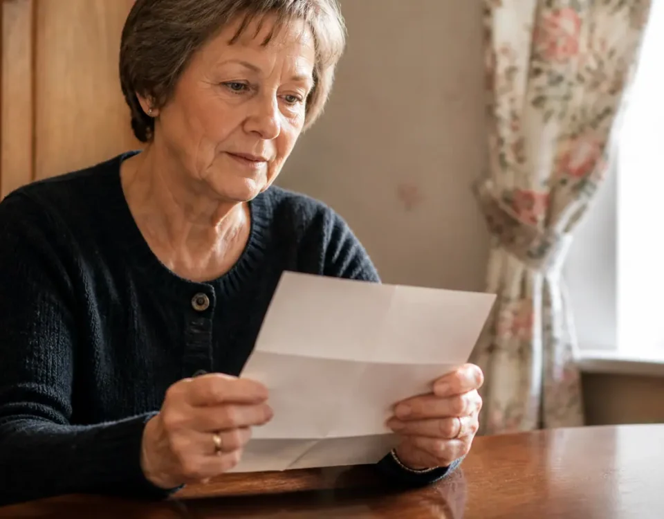 Femme assise devant une table lisant une lettre