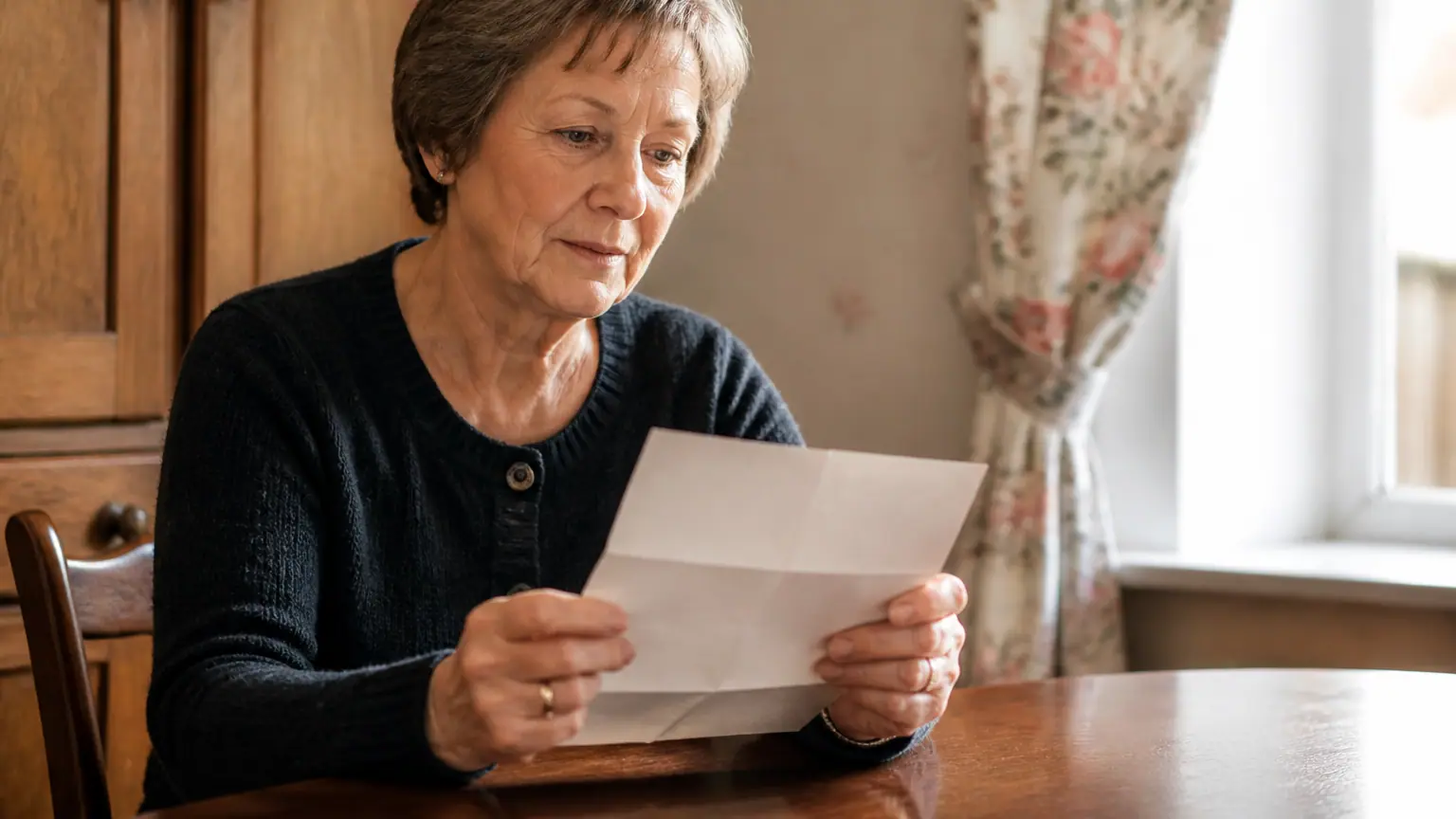Femme assise devant une table lisant une lettre