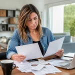 Femme assise trie des factures sur un bureau