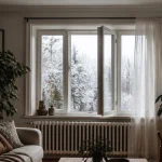 Femme debout ouvrant la fenetre du salon en hiver