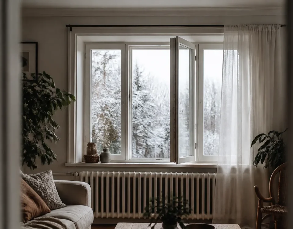 Femme debout ouvrant la fenetre du salon en hiver