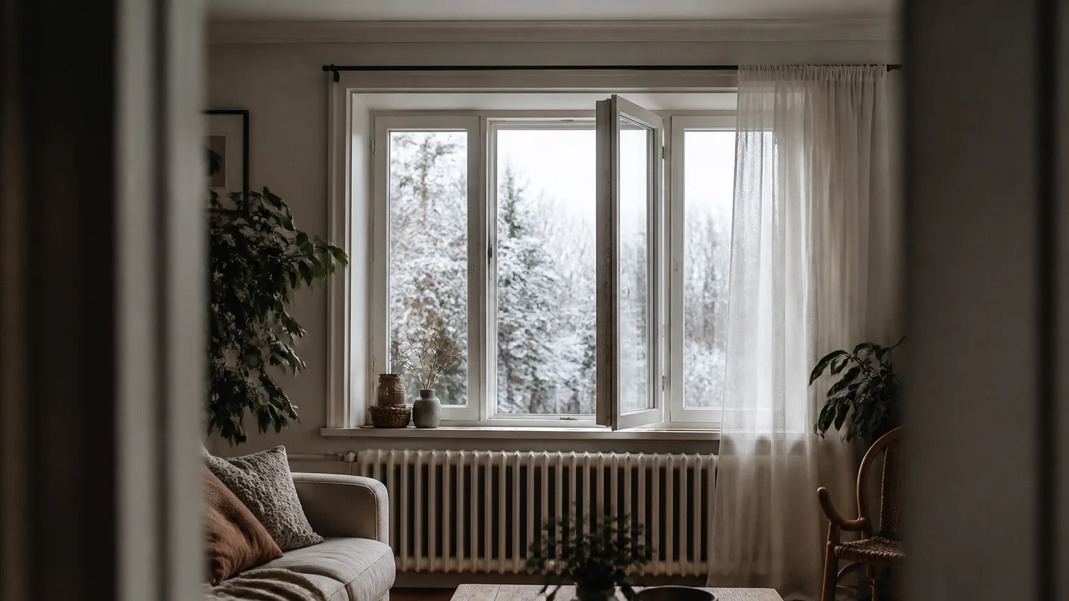 Femme debout ouvrant la fenetre du salon en hiver