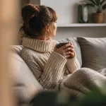 Femme en pull epais assise sur canape avec plaid