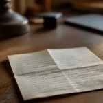 Feuille manuscrite pliee posee sur un bureau en bois