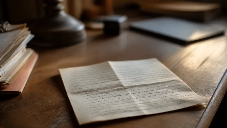 Feuille manuscrite pliee posee sur un bureau en bois