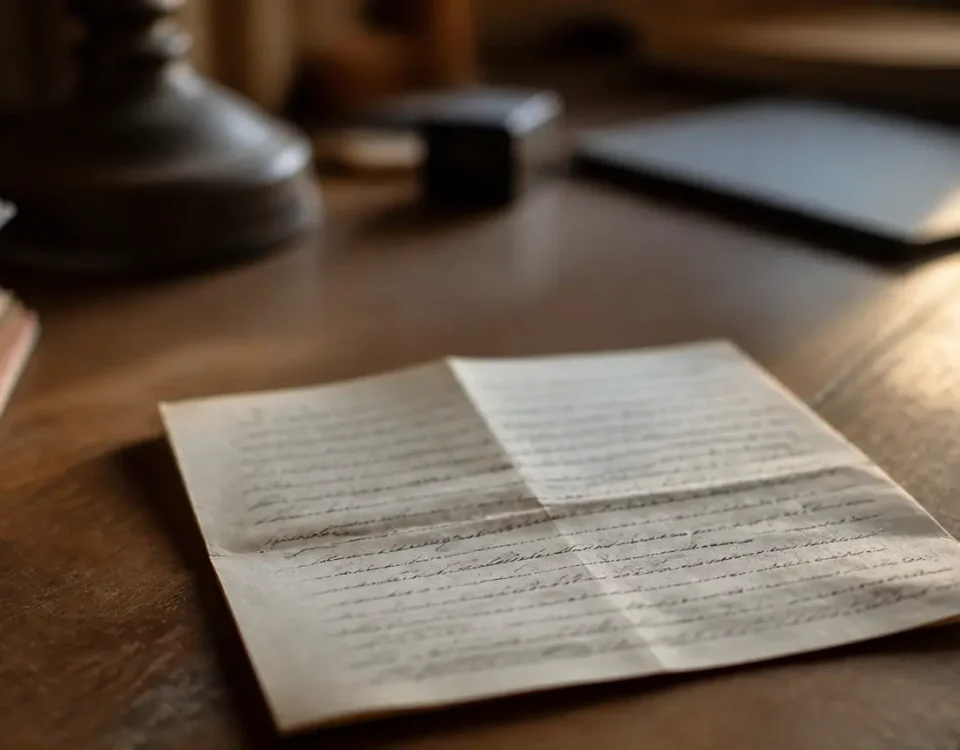 Feuille manuscrite pliee posee sur un bureau en bois