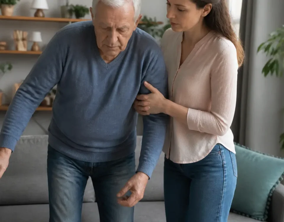 Fille soutenant son pere age dans le salon