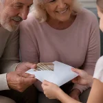 Grands-parents tendant une enveloppe de billets a leur petite-fille