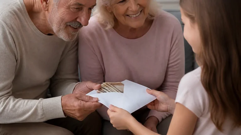 Grands-parents tendant une enveloppe de billets a leur petite-fille