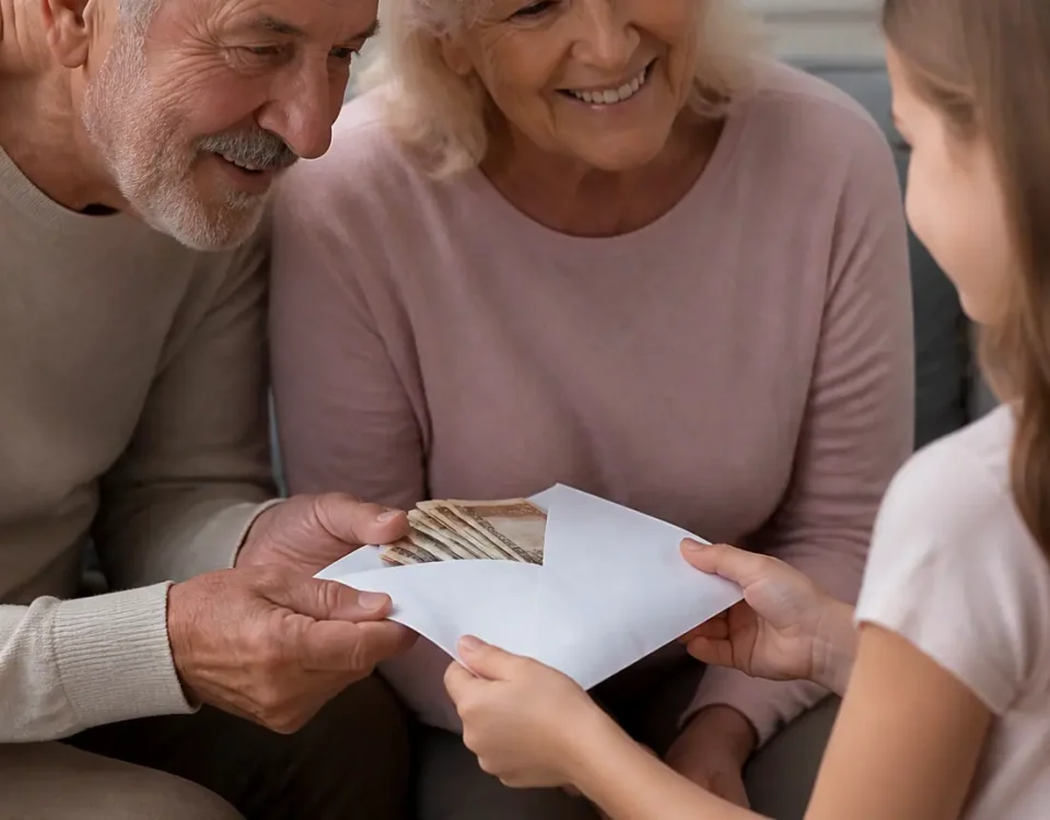 Grands-parents tendant une enveloppe de billets a leur petite-fille