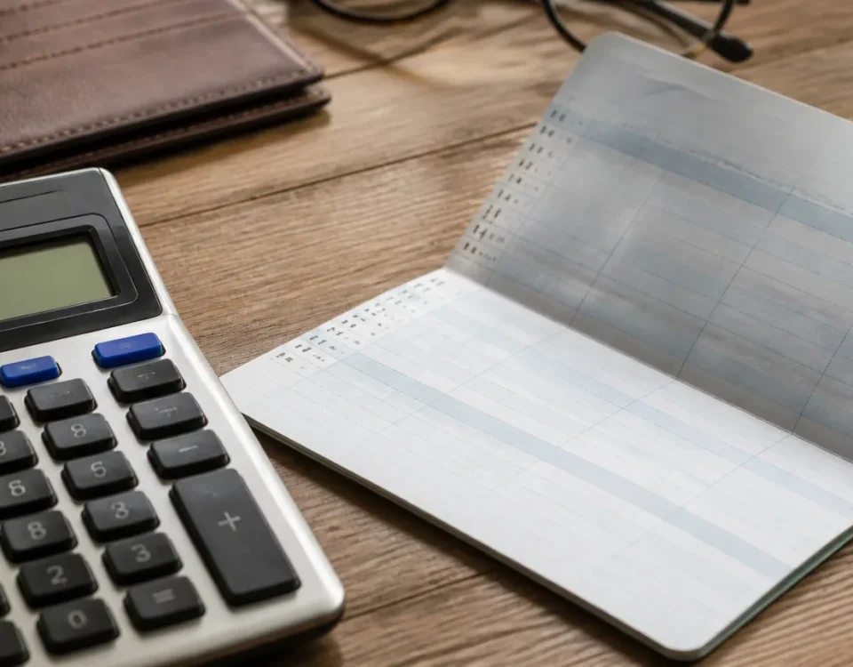 Homme age assis devant calculatrice et releve bancaire ouvert