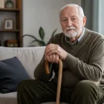 Homme age assis sur un canape tenant une canne