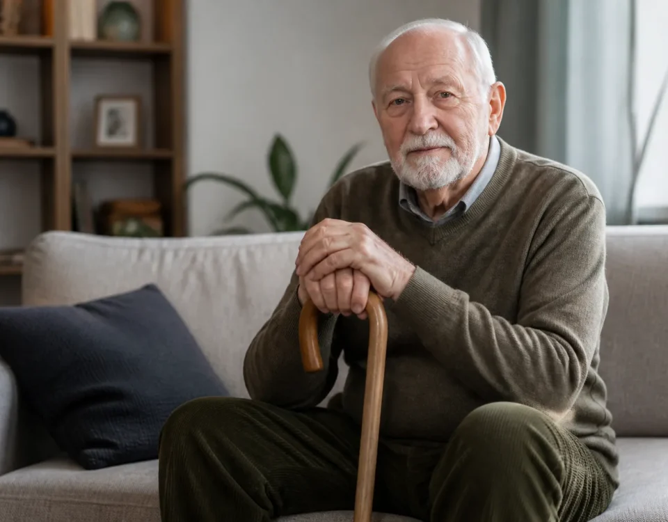 Homme age assis sur un canape tenant une canne