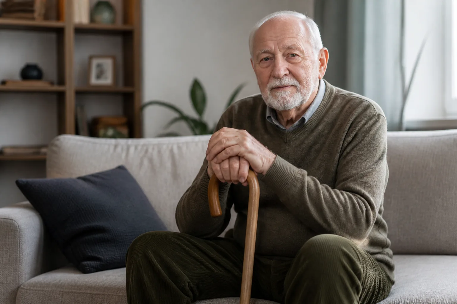 Homme age assis sur un canape tenant une canne