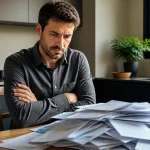 Homme assis bras croises devant pile de factures