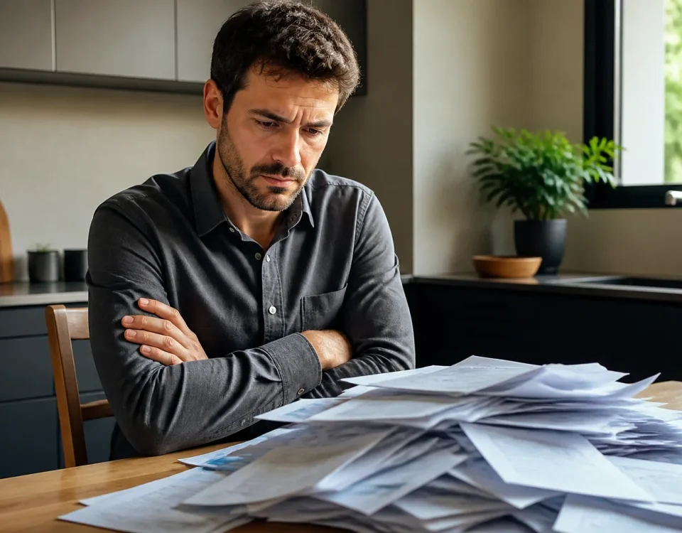 Homme assis bras croises devant pile de factures
