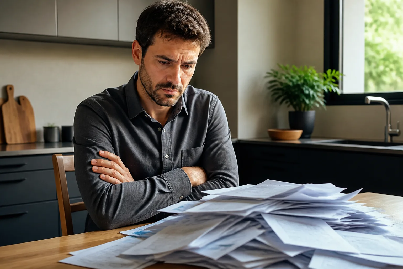 Homme assis bras croises devant pile de factures