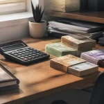 Homme assis devant un bureau avec calculatrice et billets