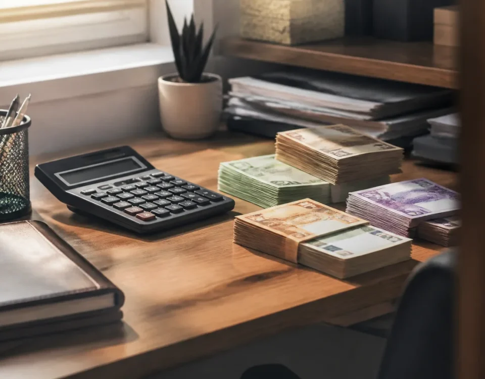 Homme assis devant un bureau avec calculatrice et billets