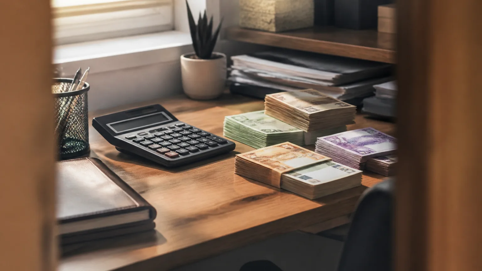 Homme assis devant un bureau avec calculatrice et billets