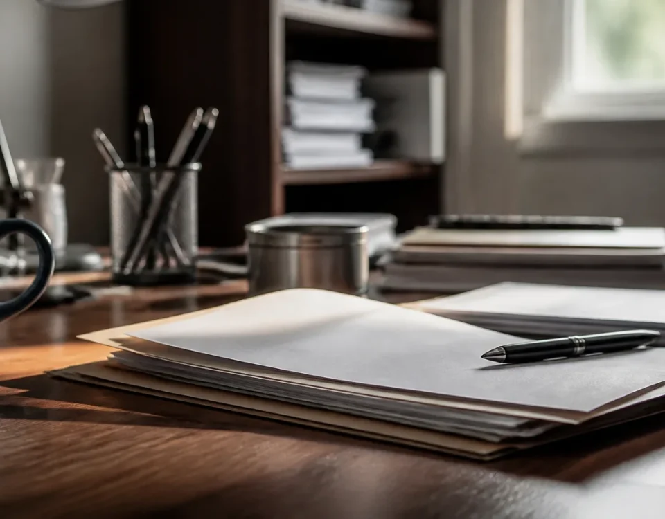 Homme assis au bureau relisant un dossier medical