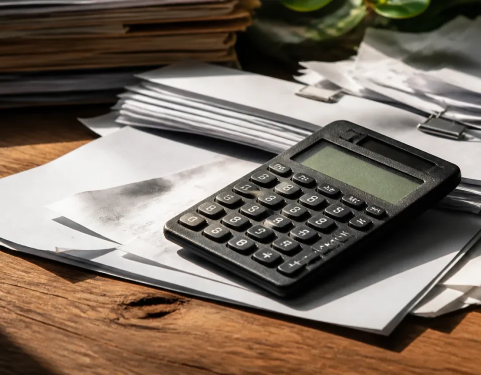 Homme assis devant une calculatrice et des papiers
