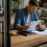Homme assis examinant formulaires fiscaux avec calculatrice sur bureau