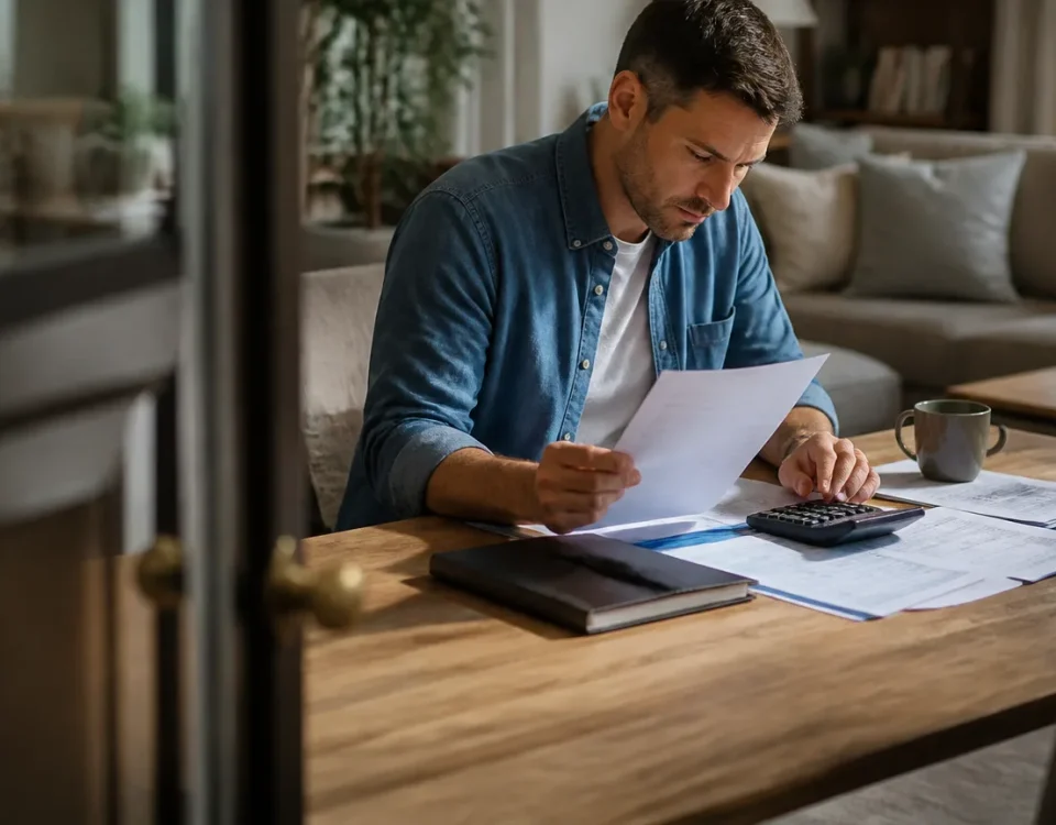 Homme assis examinant formulaires fiscaux avec calculatrice sur bureau