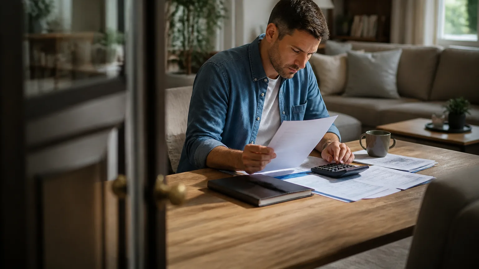 Homme assis examinant formulaires fiscaux avec calculatrice sur bureau