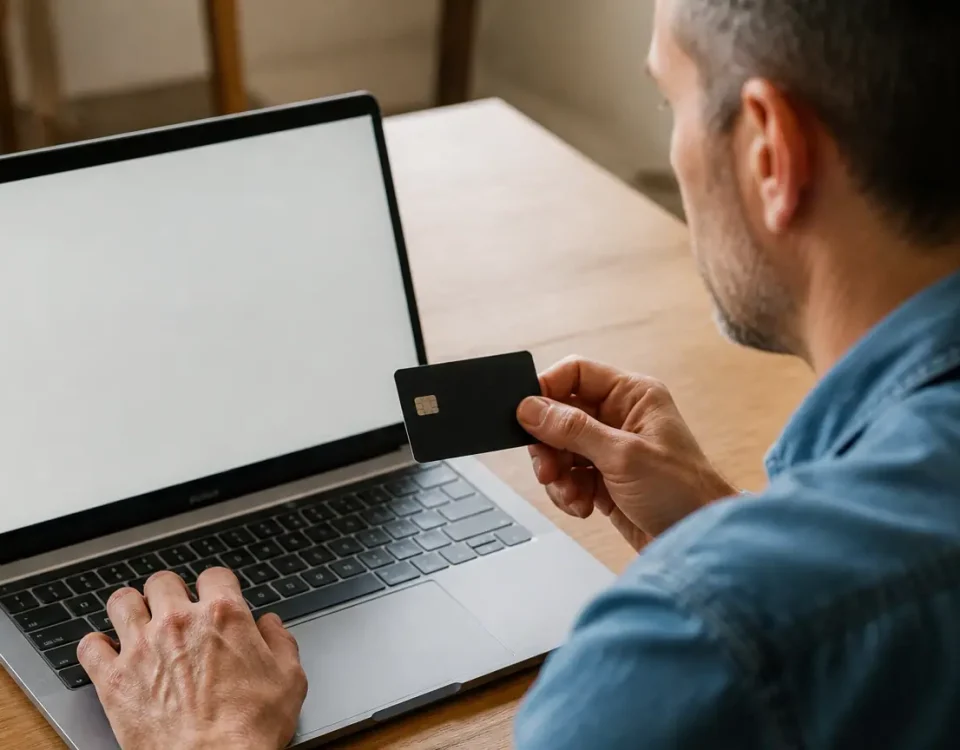 Homme assis devant un ordinateur portable avec carte bancaire