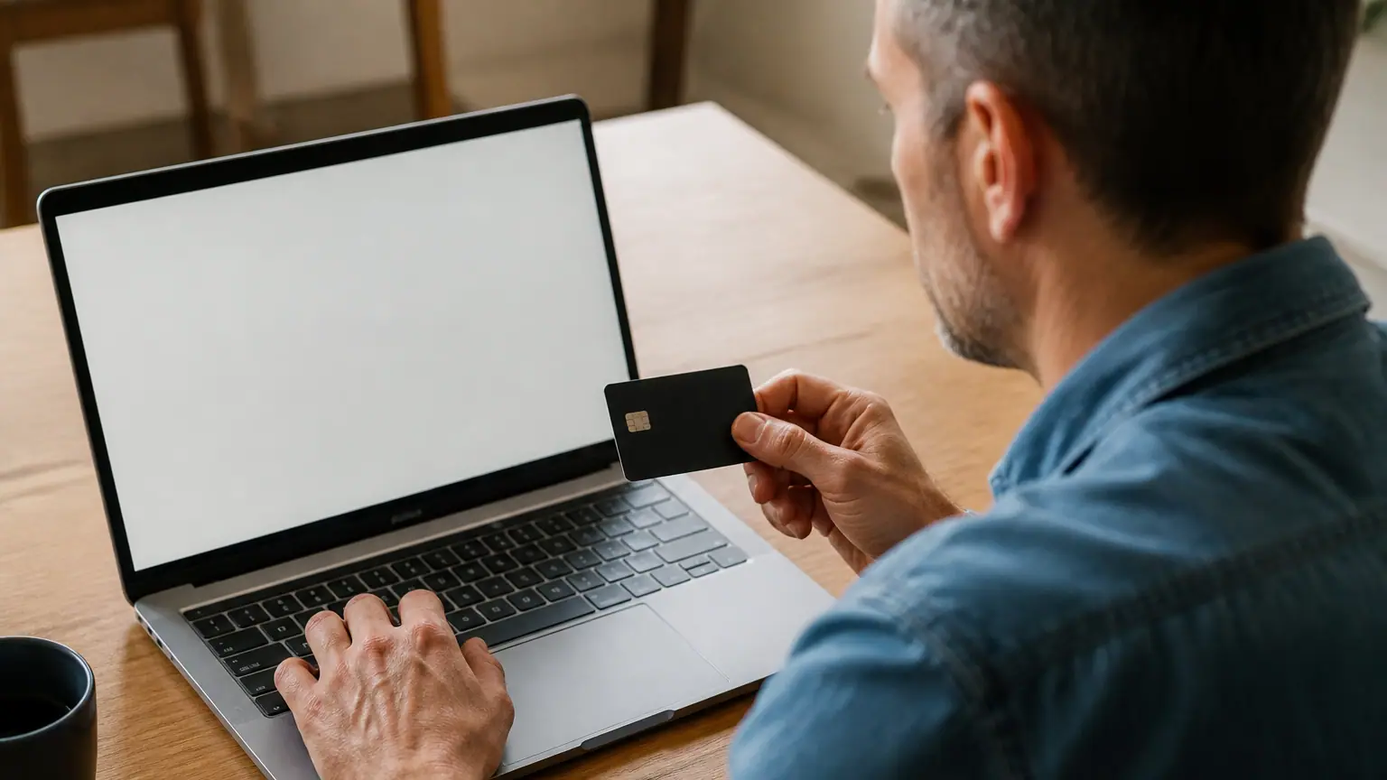 Homme assis devant un ordinateur portable avec carte bancaire