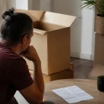 Homme assis pres de cartons, facture posee sur table
