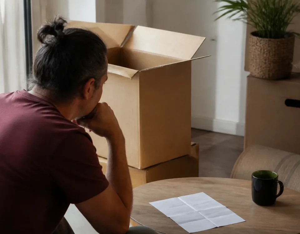 Homme assis pres de cartons, facture posee sur table