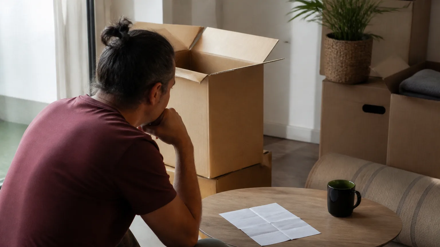 Homme assis pres de cartons, facture posee sur table