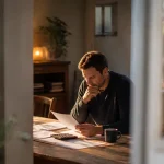 Homme assis a table couverte de documents et calculatrice