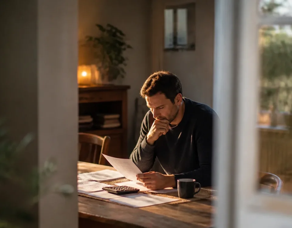 Homme assis a table couverte de documents et calculatrice