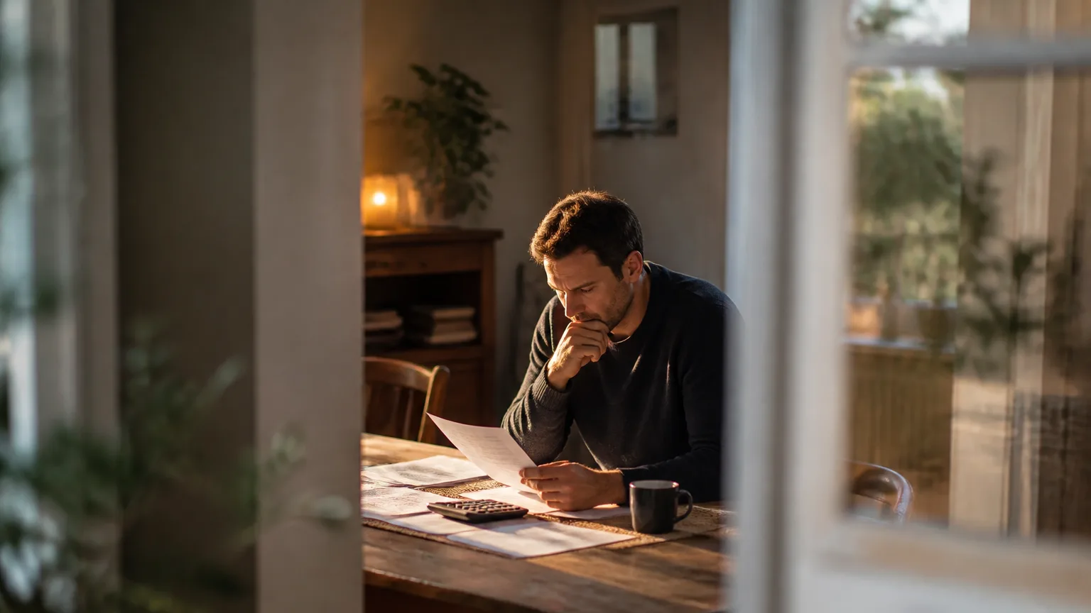 Homme assis a table couverte de documents et calculatrice
