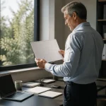 Homme debout devant un bureau tenant un calendrier