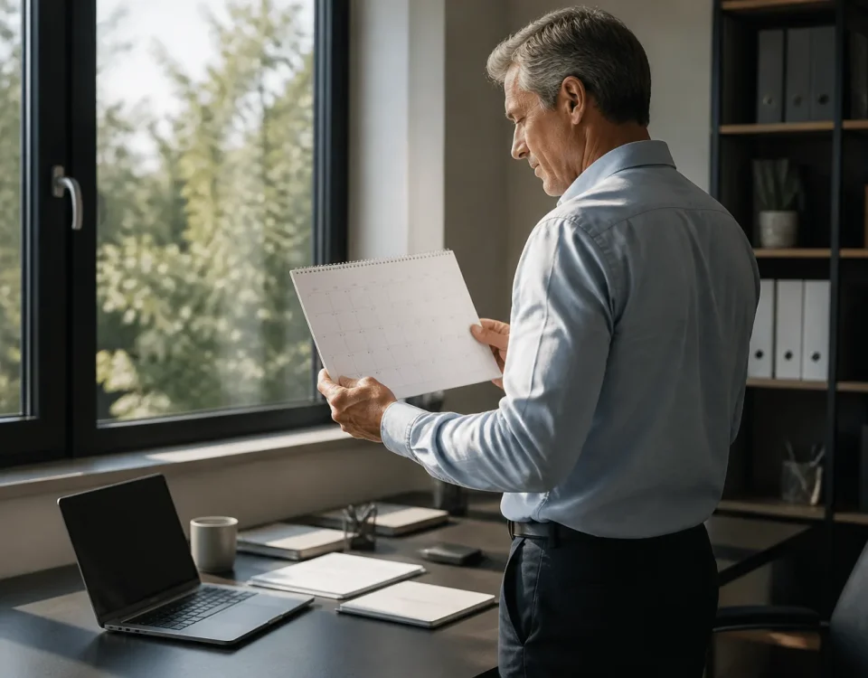 Homme debout devant un bureau tenant un calendrier
