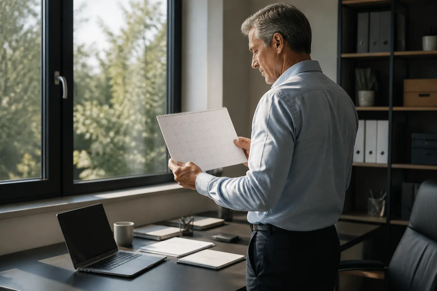 Homme debout devant un bureau tenant un calendrier