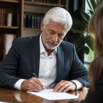 Homme aux cheveux blancs assis signant un contrat notarial