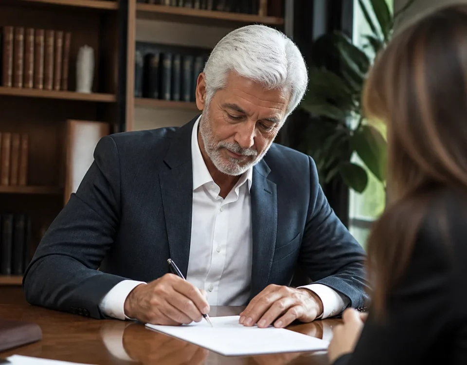 Homme aux cheveux blancs assis signant un contrat notarial