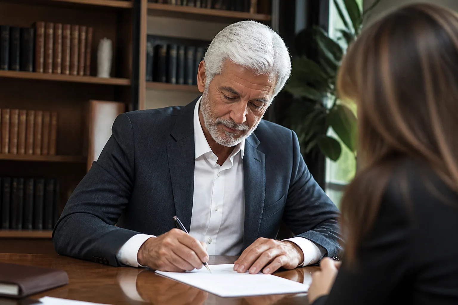 Homme aux cheveux blancs assis signant un contrat notarial